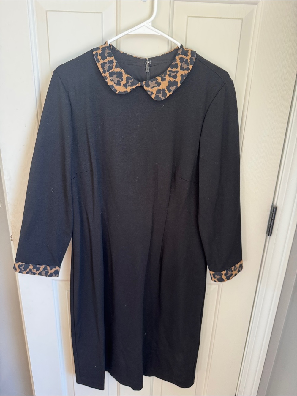 Talbots-Black Dress with Leopard Print Collar & Cuffs size 12